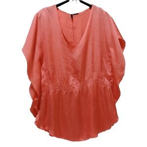 Stile Benetton Womens M Flutter Sleeve Smocked Waist Coral Blouse Flowy Romantic